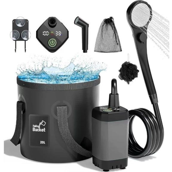 Portable Camping Shower, 6000mAh Rechargeable Shower Pump, Filtered Shower Head & 5 Gallons Foldable Bucket, Outdoor Shower for Hiking Beach, Travel, Pet Bath, Car Washing, Surf & Boat Cleaning