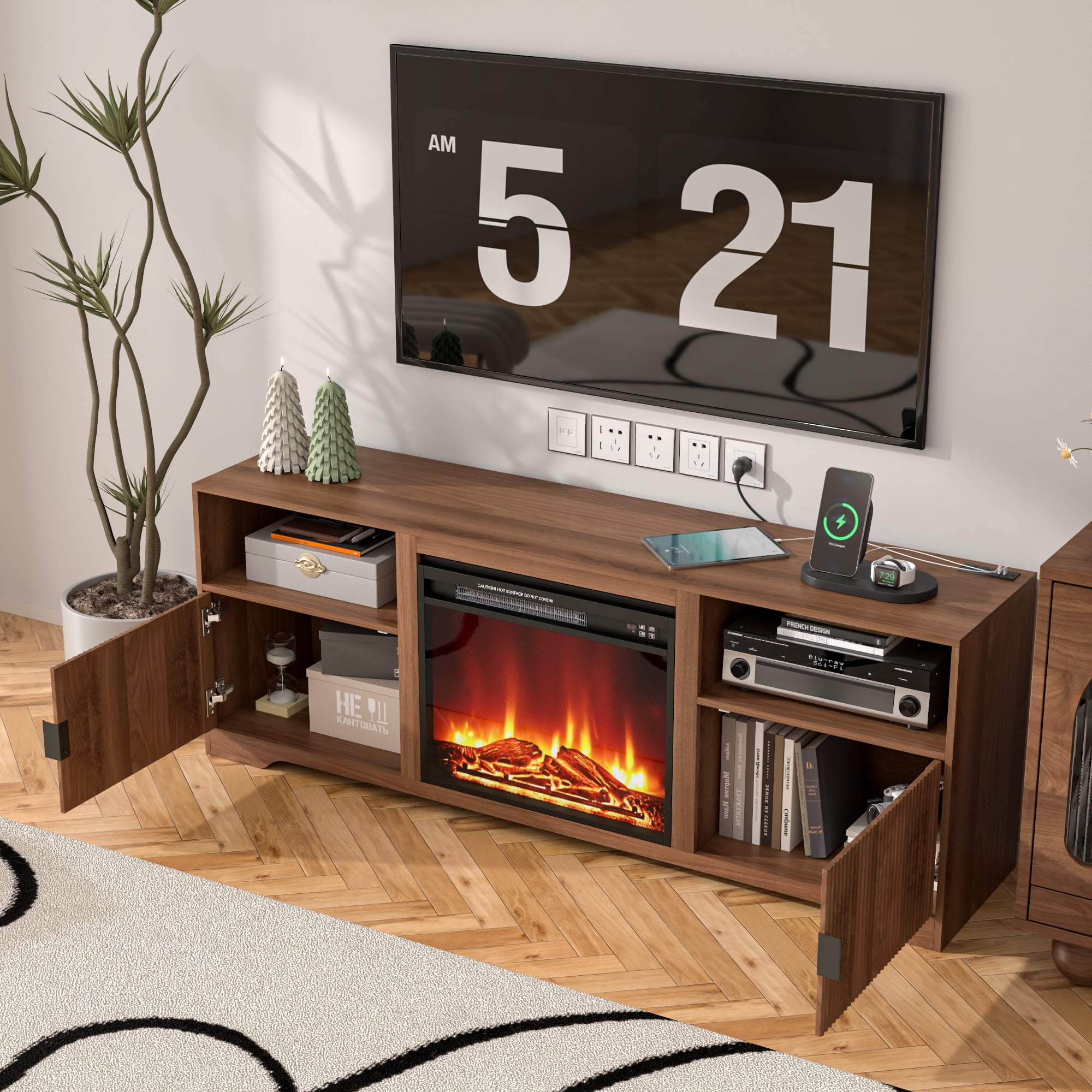 Lisicues Fireplace TV Stand for 80 Inch TV, 68" Farmhouse Entertainment Center with 23" Electric Fireplace Heater, Wood Media Console Cabinet with Storage Shelves & Cord Holes for Living Room Bedroom