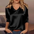 thumbnail image 2 of Womens Satin Silk 3/4 Length Sleeve Tunic Tops Trendy Silky Round Neck Business Casual Shirt Dressy Blouses, Black S, 2 of 6