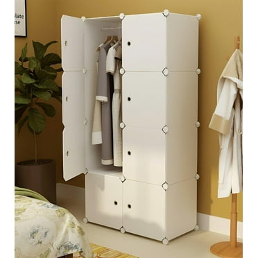 SortWise DIY Portable Wardrobe Closet with Hanging Rod and 5 Storage Cubes, Bedroom Armoire Storage Cube Organizer Modular Cabinet with Doors