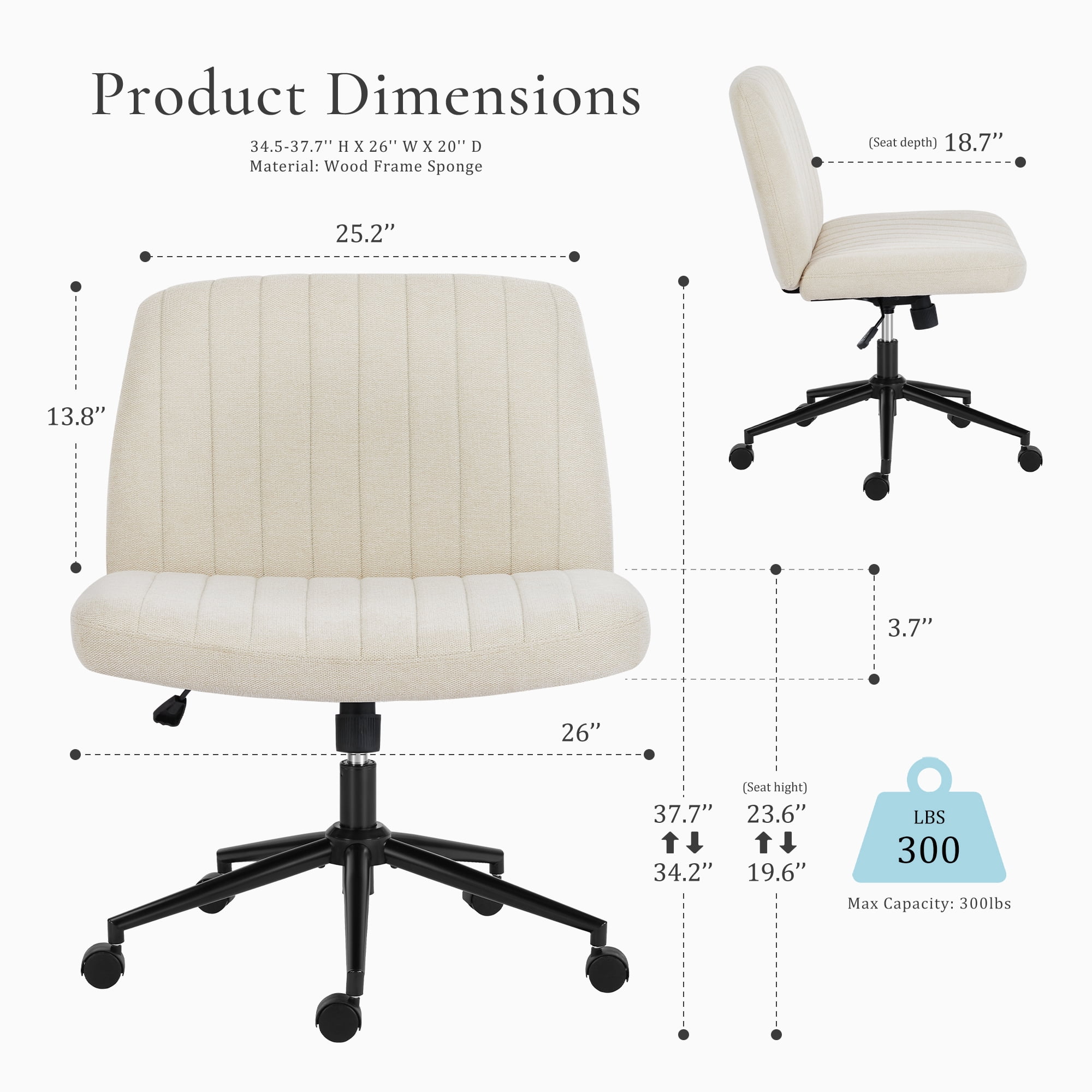 GIANNA Armless Criss Cross Legged Office Chair, Desk Chair With Wheels, Fabric, Beige