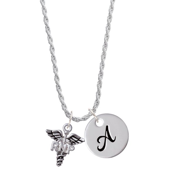 Delight Jewelry Silvertone Caduceus - RNP Silvertone Script Initial Disc - A - Charm Necklace, 20" 3"