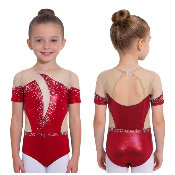 Aislor Girls Gymnastics Leotard Ballet Dance Short Sleeve Metallic Shiny Diamond Training Practice Bodysuit Red 8