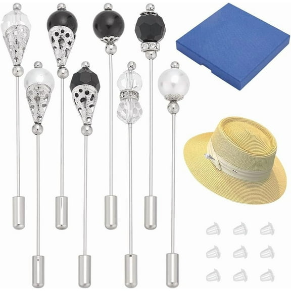 Silver PH 8PCS Black White Glass Beaded Hat Pins 8 Styles 2.8inch Long Brass Lapel Pins with Glass Pearl Long Handle Hat Pins for Scarves and Hats Lapel Pin Jewelry Accessories Silver