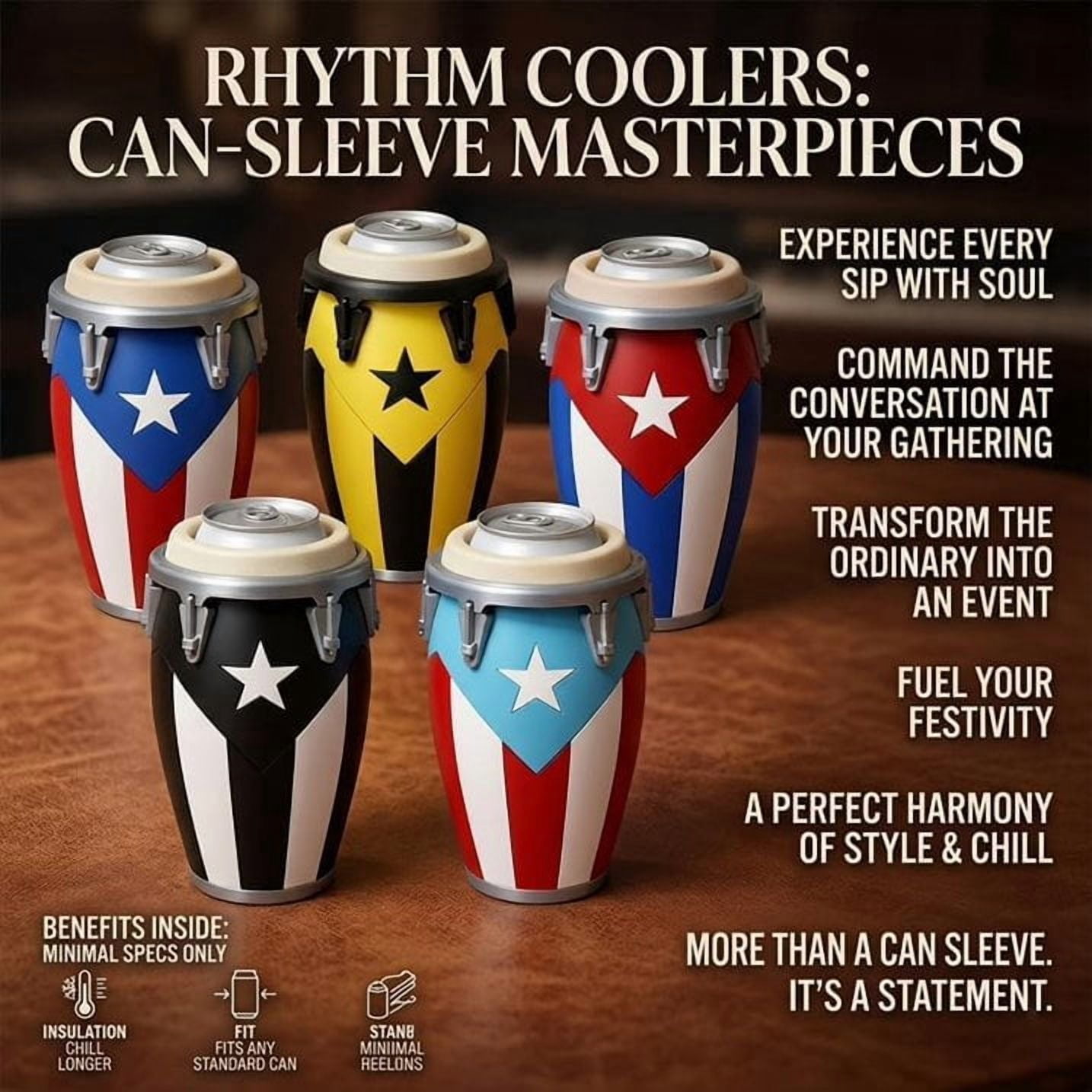 3PCS Conga-Style Can Holder, Puerto Rican Flag Conga Style 3D Printed 12oz Can Holder, Cultural Drum Drink Cooler for Beach BBQ Party, Caribbean Pride Beverage Holder Gift