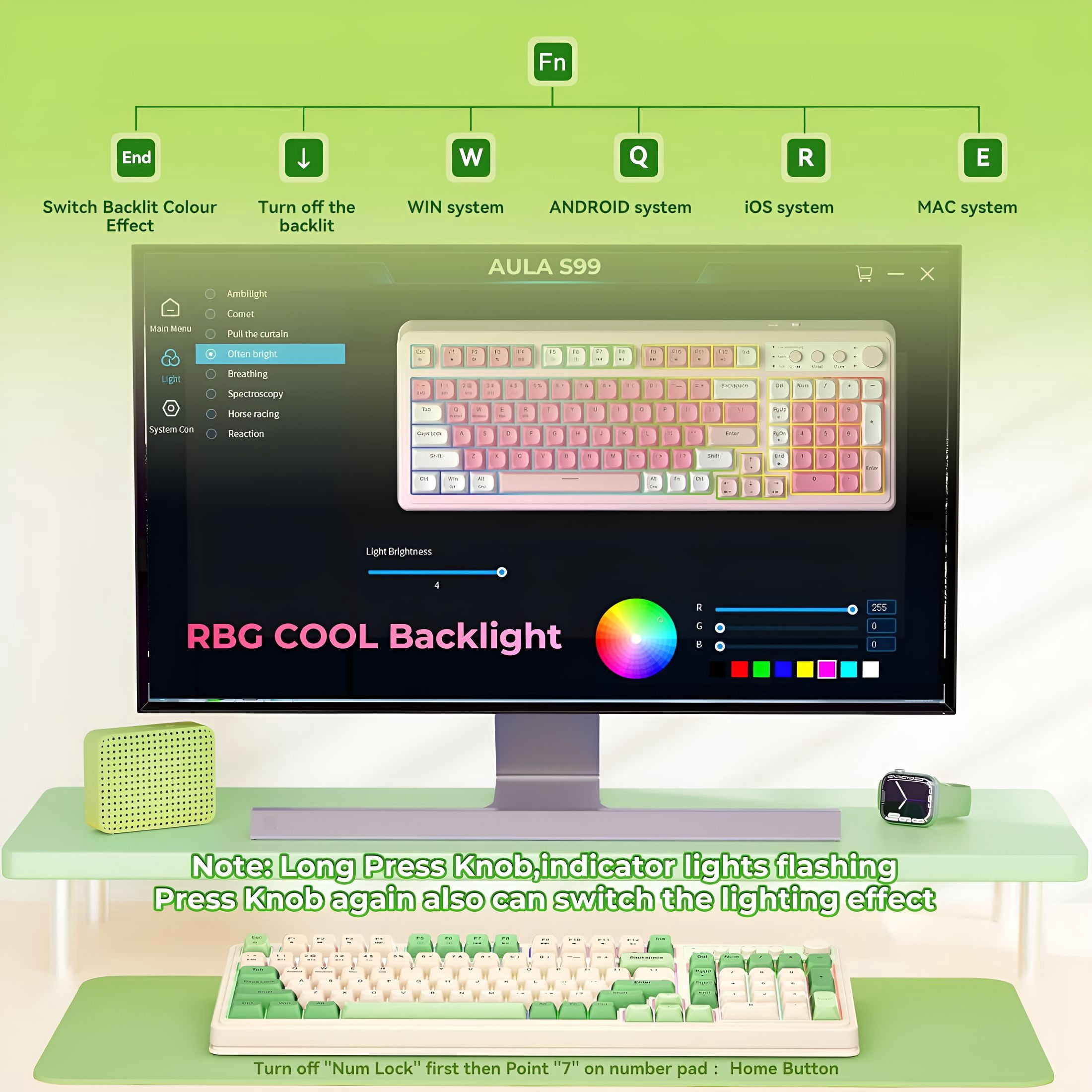 GJX Gaming Keyboard, Wireless Computer Keyboards, Tri-Mode Bluetooth/2.4Ghz/Usb-C Custom Creamy Keyboard with Number Pad, Rgb Backlit Media Knob Programmable Keyboard for Pc Gamer - Green