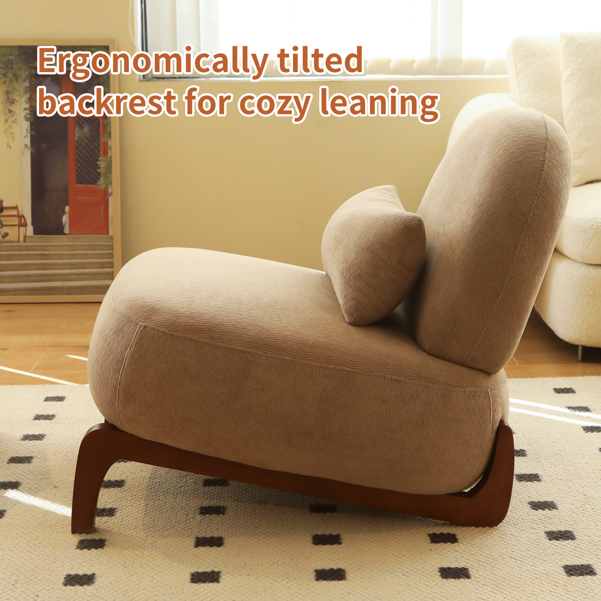 Leumius Accent Chair with Solid Wood Legs and Soft fabric Cushion, Cozy Bedroom Chair, Comfy Armless Reading Chair for Apartment Waiting Room Balcony Camel