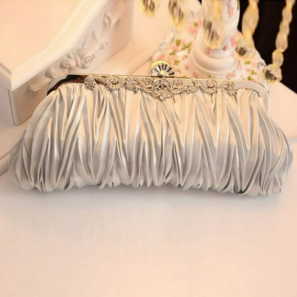 New Dazzling Crystal Satin Evening Bag Clutch Cocktail Handbag Purse Silver