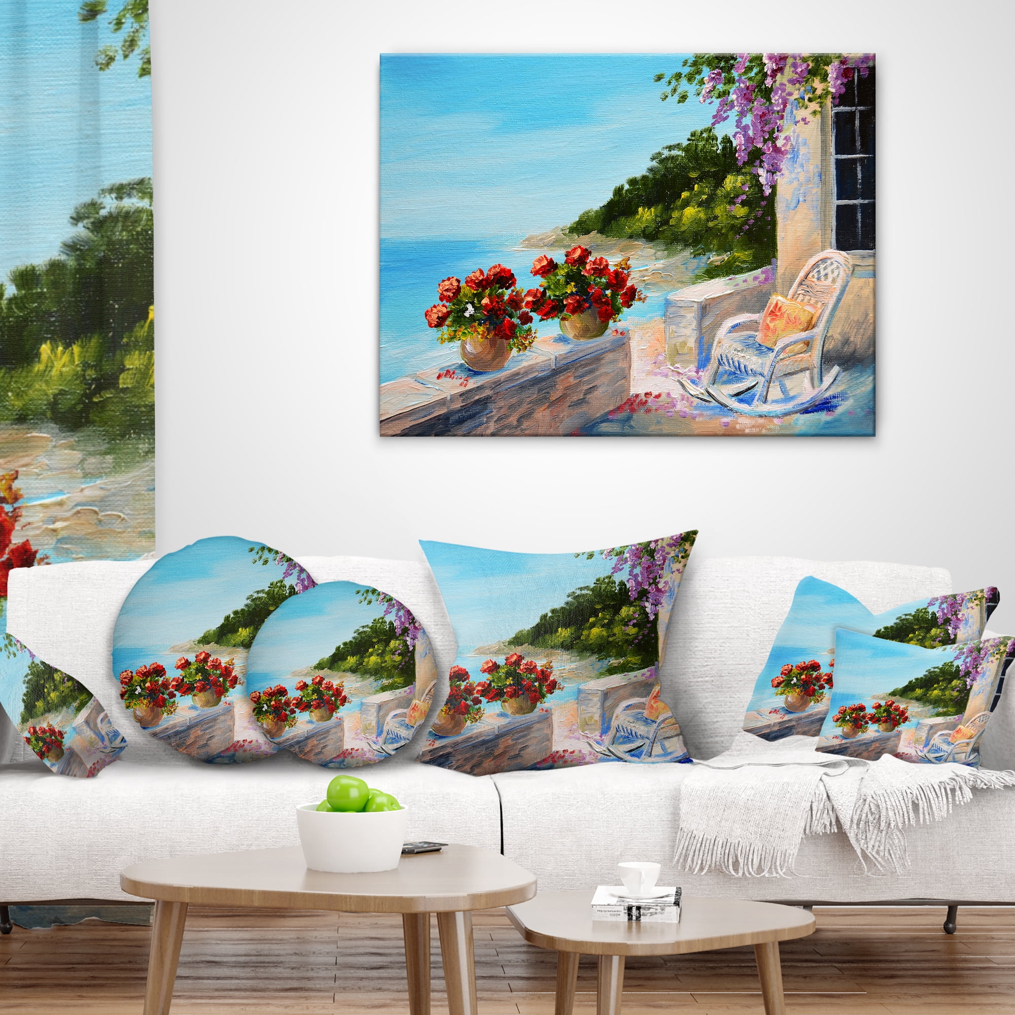 Designart Balcony Near the Sea - Landscape Painting Throw Pillow - 12x20
