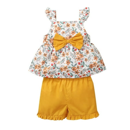 

OLLUISNEO 3 Years Toddler Baby Girls Summer Shorts Outfits Square Neckline Floral Print Flying Sleeve Top Elastic Shorts 2 PCS Set Yellow