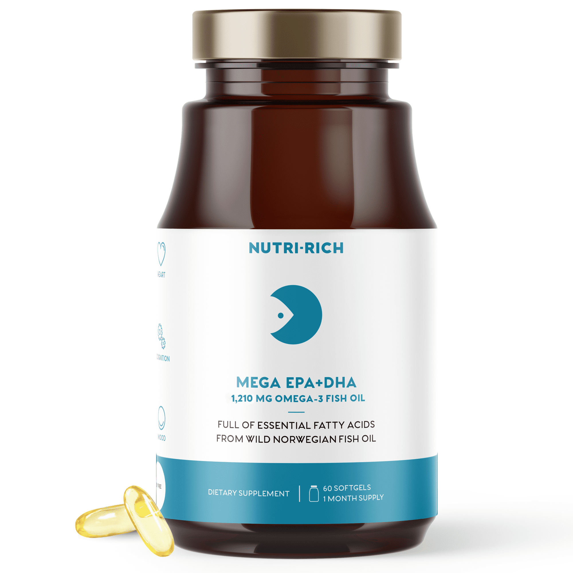 Nutri-Rich Omega-3 Fish Oil 1210mg EPA & DHA High Potency Heart Joint Brain Support Burp-Free Lemon Flavor Gluten Free Soy Free 60 Softgels