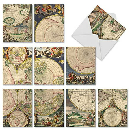 'M2341OCB TOPOGRAPHICS' 10 Assorted All Occasions Note Cards Featuring Vintage Collage Images of Old World Globes and Frollicking Creatures with Envelopes by The Best Card