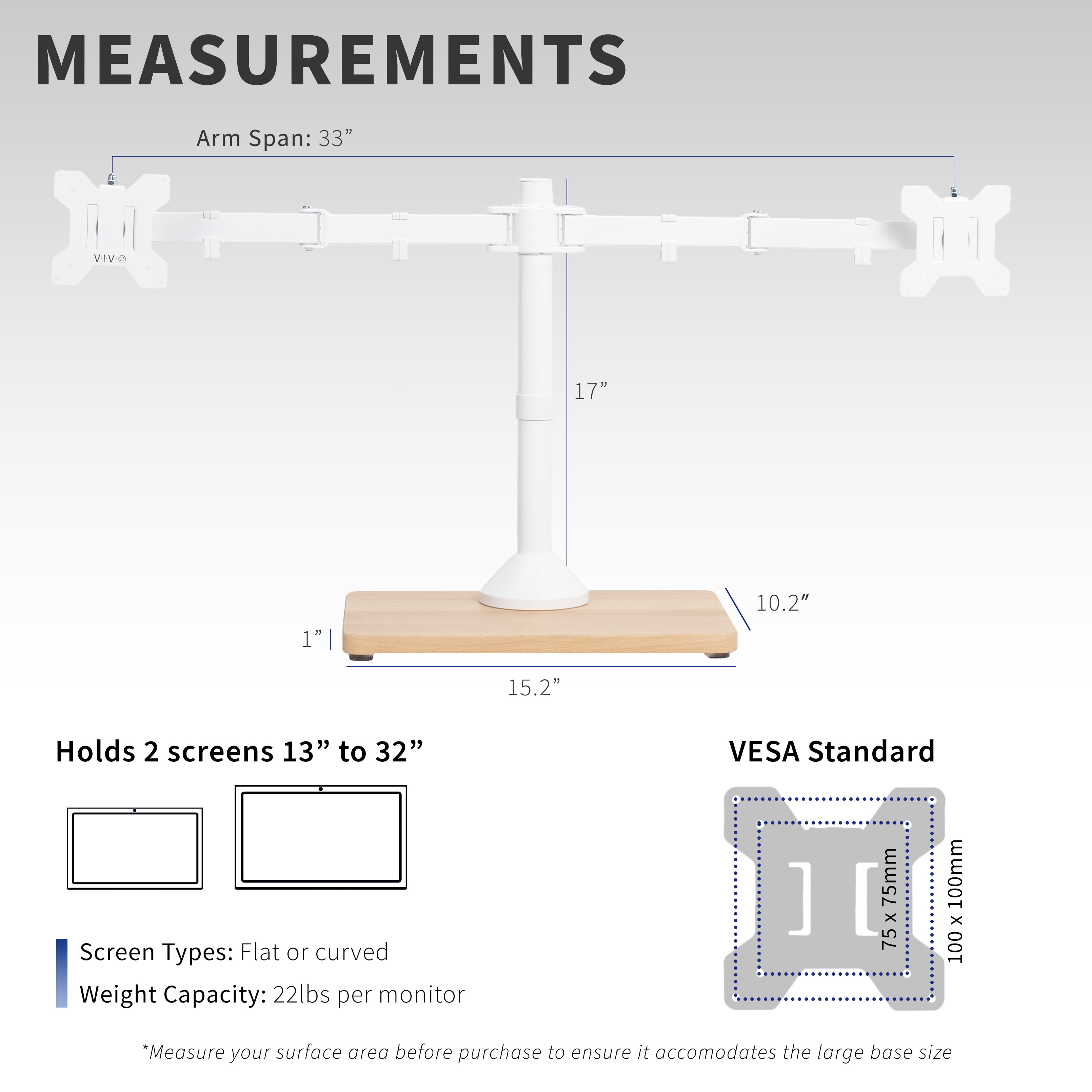 VIVO Dual Monitor Adjustable Mount w/ Wood Base, Fits Computer Screens up to 32"