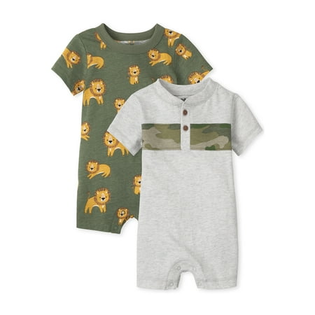 The Children's Place Baby Boy & Toddler Boy Short Sleeve 2 Pack Romper Set, Sizes Newborn-24 Months