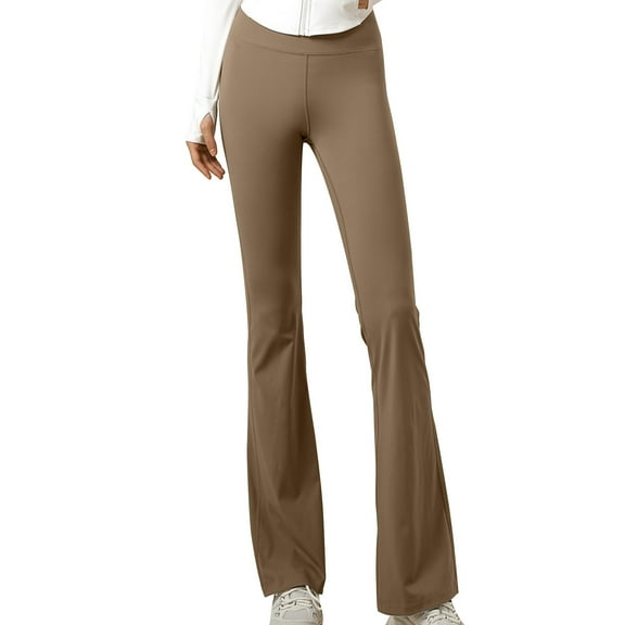 RYRJJ Flare Leggings for Women with Tummy Control High Waisted Bootleg Yoga Pants Seamless Bootcut Wide Leg Workout Leggings(Brown,L)