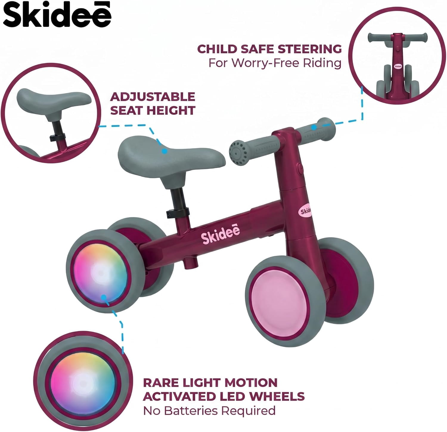 Skidee Toddler Balance Bike 1-3, 4-Wheel Balance Bike with Rare Light-Motion-Activated LED Wheels, Adjustable Height & Child Safe Steering, Lightweight Ride-On Toy Training Bike for Boys & Girls