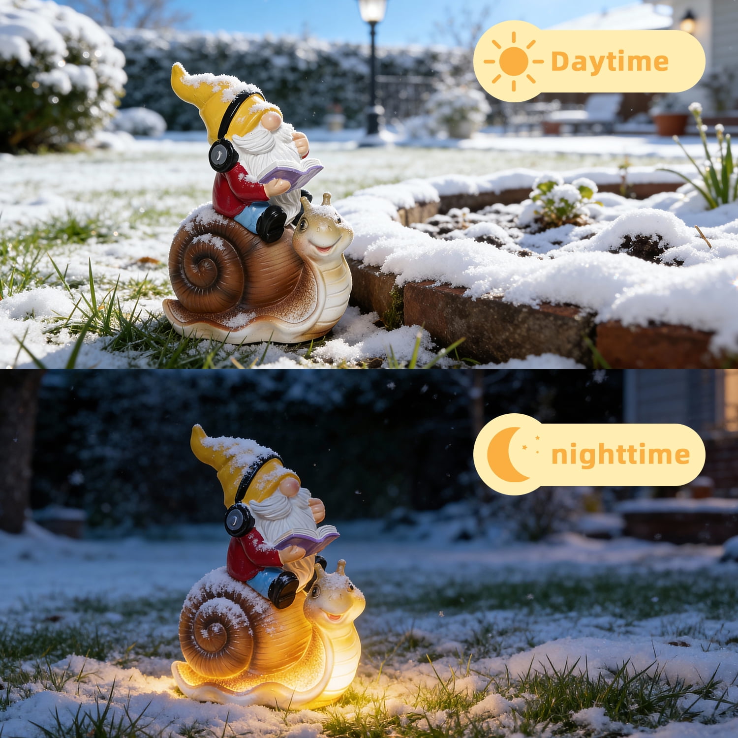 Ferrisland Garden Gnomes Snail Outdoor Figurines with Solar Lights, 10.4 inches Resin Solar Gnomes Decoration Yard Outdoor Garden, Patio Yard Lawn Birthday Housewarming Mother's Day（Gnome on Snail）
