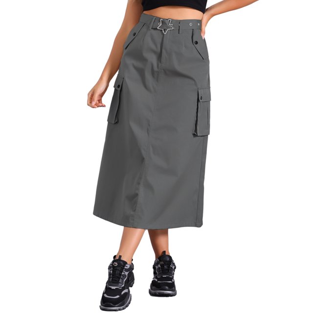 Falda Cargo Midi con Cremallera Allegra K para Mujeres con Bolsillos, Cintura Alta, Faldas Casual XS Gris