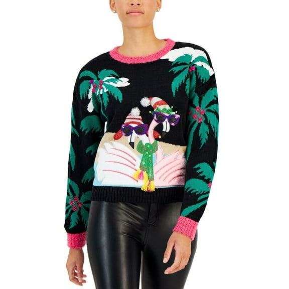 Hooked Up by IOT Juniors' Sequined Embroidered Sweater Black XL B4HP