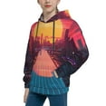 thumbnail image 2 of Rateoe Neon Sunset Cyberpunk Cityscape Pattern Boys Hoodie, Youth Pullover Hooded Sweatshirt, Kangaroo Pocket Hoodie for Kids-X-Large, 2 of 6