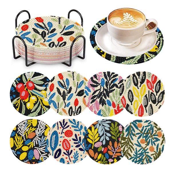 Juego de posavasos artísticos con pintura de diamante y galleta de madera con textura animal, 8 Uds., con soporte