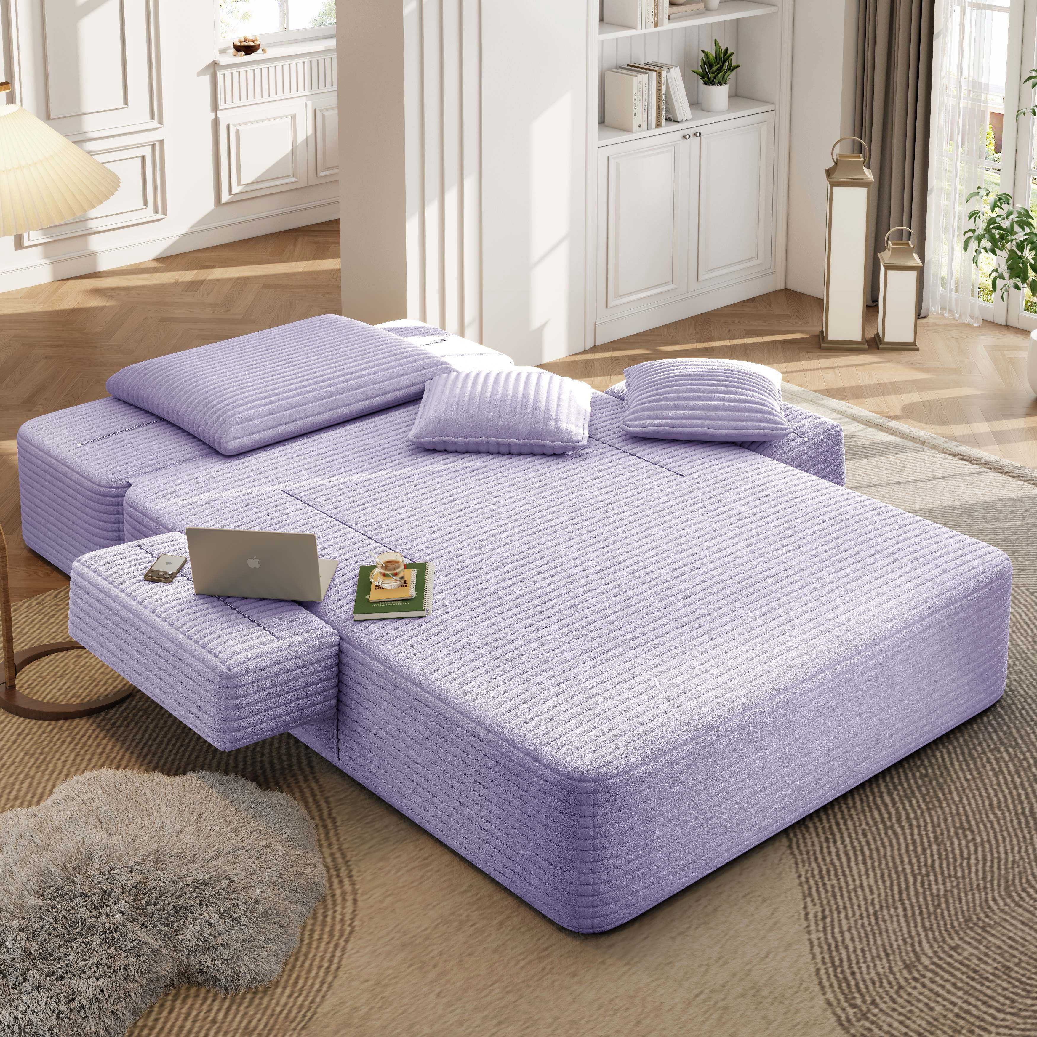 Alvantor Oversized Corduroy Convertible Chaise Lounge Sofa Bed, Purple
