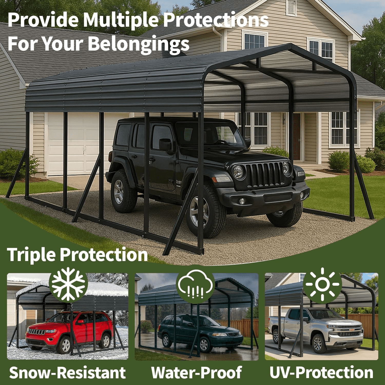 HEITOK Metal Carport Outdoor Garage Shelter - Heavy Duty Galvanized Steel - 12' x 20' Black