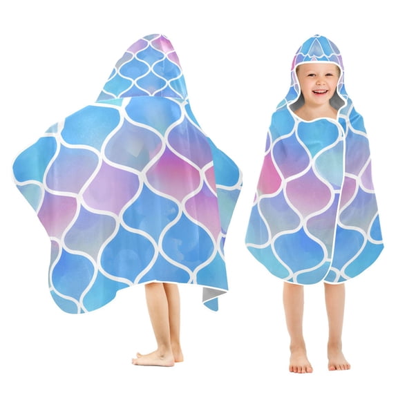 Blue Fish Scale Kids Hooded Beach Towel Baby Bath Poncho Towels with Hood Absorbent 50"x23.5" for Pool Swimming