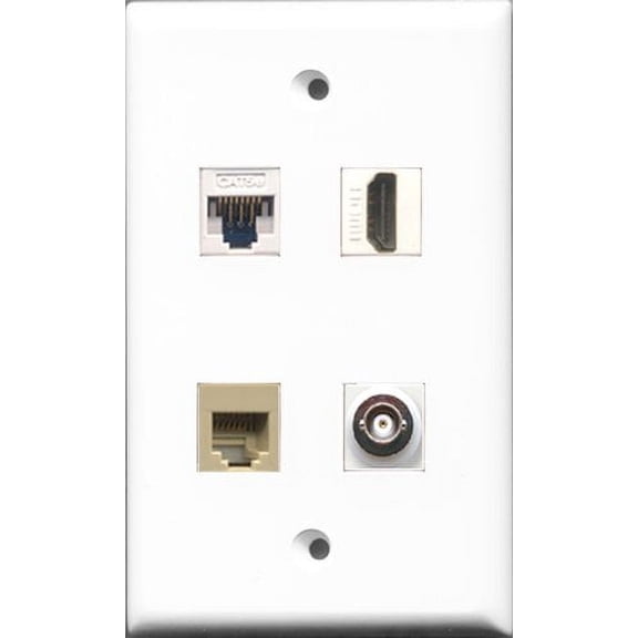 RiteAV - 1 Port HDMI and 1 Port Phone RJ11 RJ12 Beige and 1 Port BNC and 1 Port Cat5e Ethernet White Wall Plate