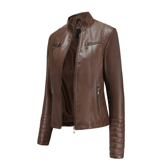 LYXSSBYX Women Long Sleeve Shacket Jacket Hot Sale Clearance Women's Slim-Fit Leather Stand-Up Collar Zipper Motorcycle Suit Thin Coat Jacket