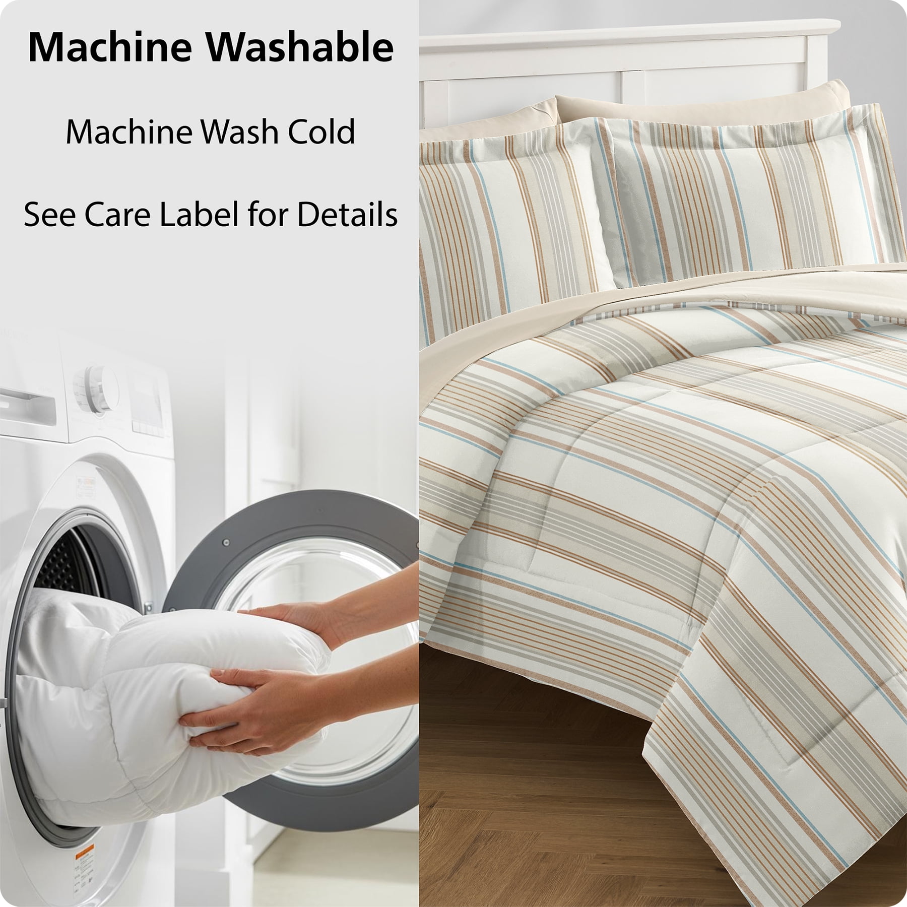 Mainstays All in One Reversible Comforter and Sheet set- 5 Piece, Twin, Beige Stripe