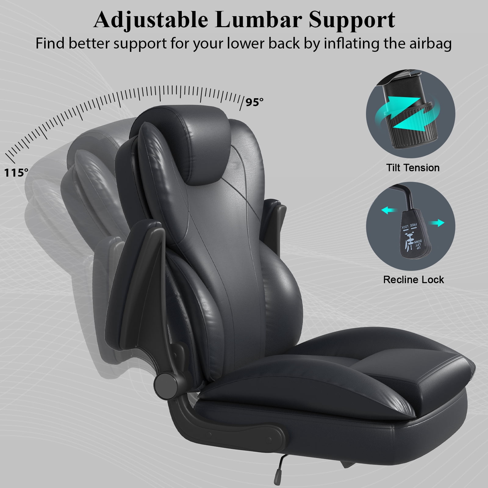 E-motie Home Office Chair with Flip-up Arms, Adjustable High Back Chair, Quiet Nylon Wheels, Black