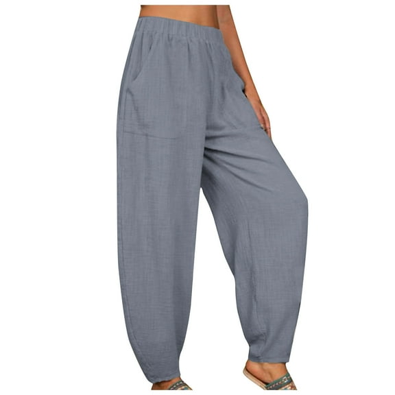 Summer Pants for Women Casual Pockets Elastic Waist Solid Pants Loose Long Trousers Harem Jean Women Flowing Comfy Loose Clothes Petite on Casual for Dark Work Grey L