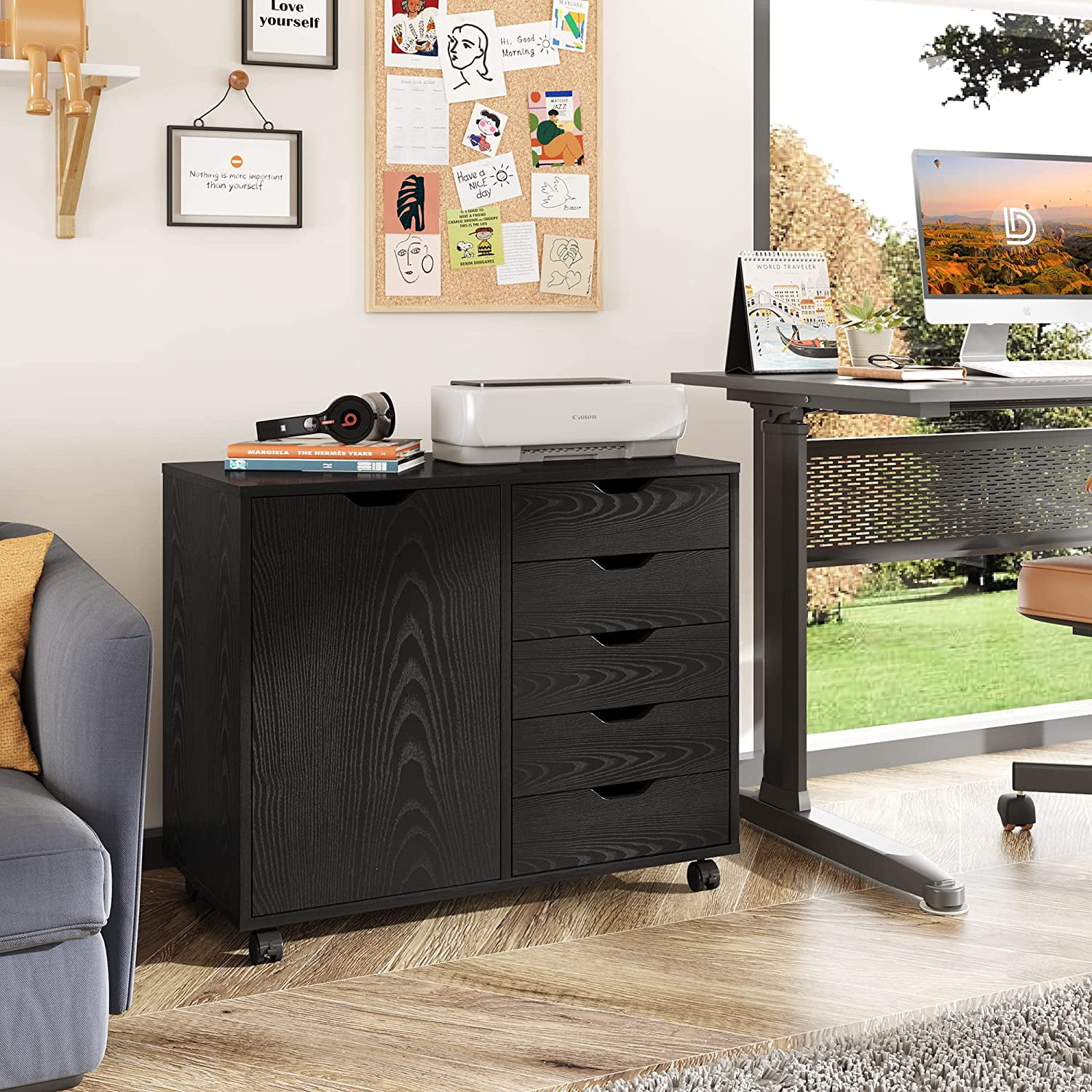 DEVAISE 5Drawer Chest with 1 Door, Mobile Wooden Chest of Drawers