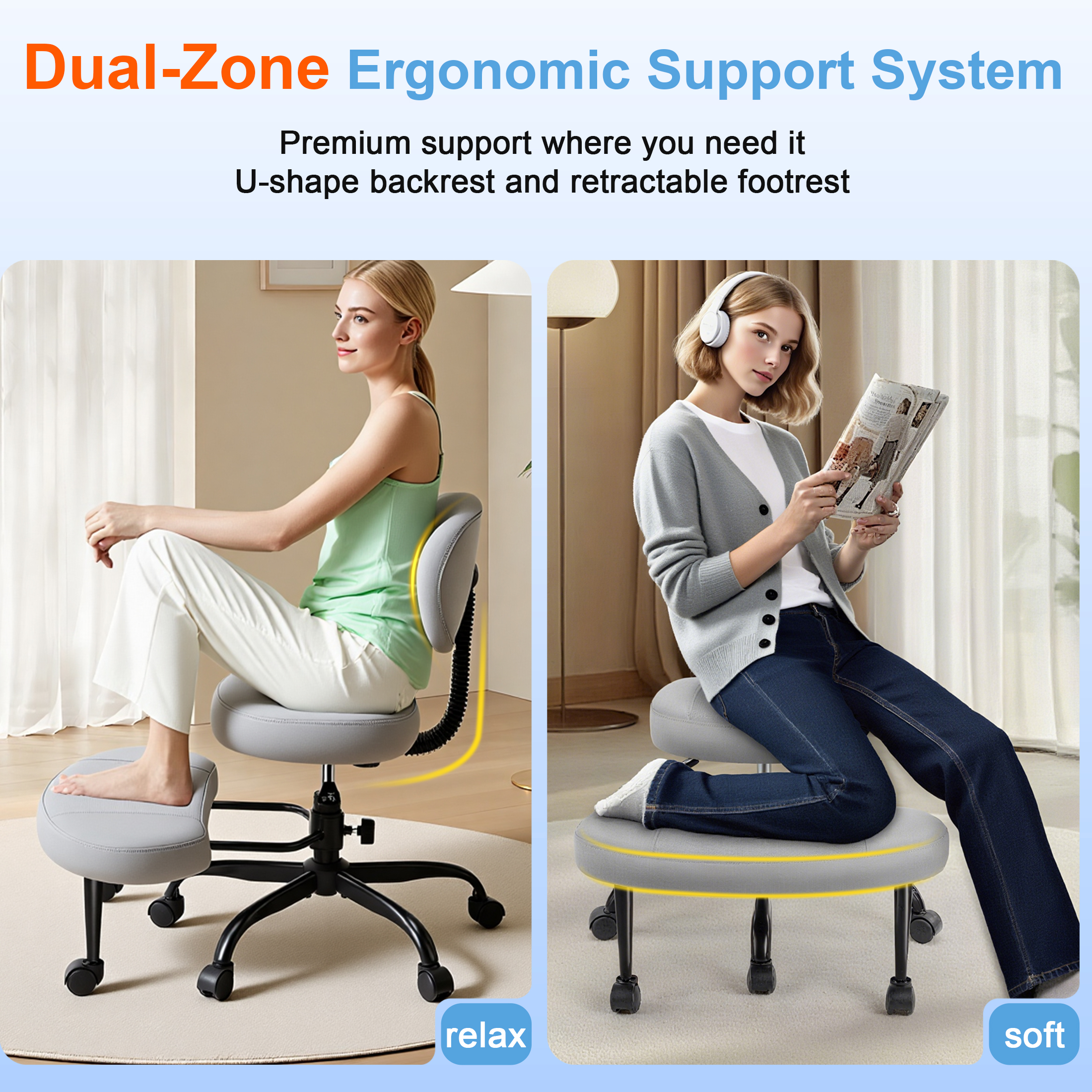 Dhole Kneeling Chair with Backrest - Ergonomic Office Chair for Cross-Leg Sitting, Adjust Height, 360° Rotating Footrest & Wheels, Posture Support for ADHD/Home Office/Meditation, Black