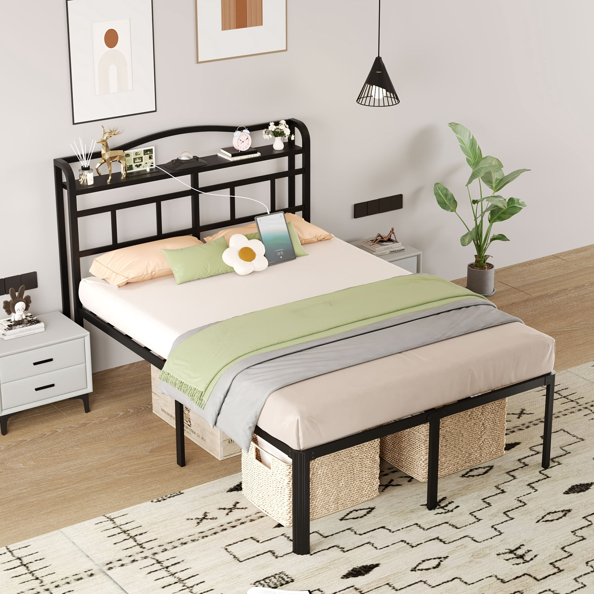 WANTAI Queen Bed Frame - Storage Headboard with Charging Station & Galaxy Aurora Projector, 14 Inch Sturdy Metal Platform Bed Frame No Box Spring Needed, Easy Assembly, No Noise, Black