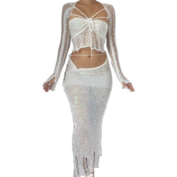 Camiseta Tops cortos de ganchillo con lentejuelas y falda midi, conjunto de falda ajustada a media pierna para mujer Ygjytge Blanco T S para Mujer
