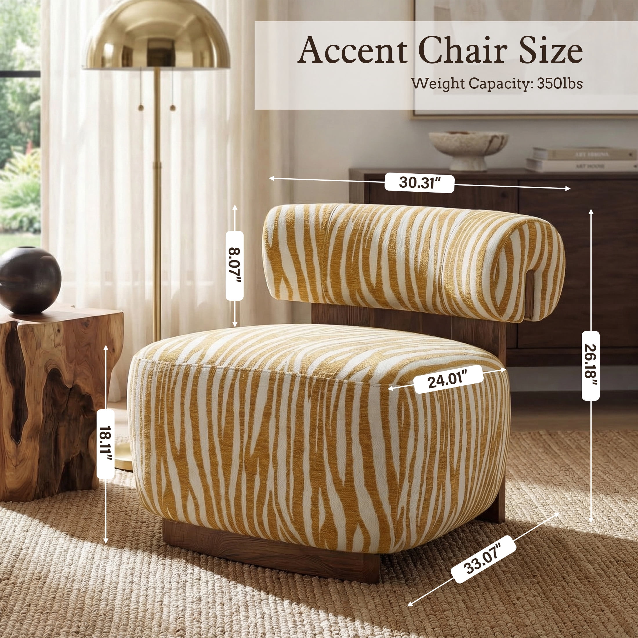 Aukfa Modern Chenille Accent Chair with Zebra-Stripe, Cylindrical Backrest for Living Room, Yellow