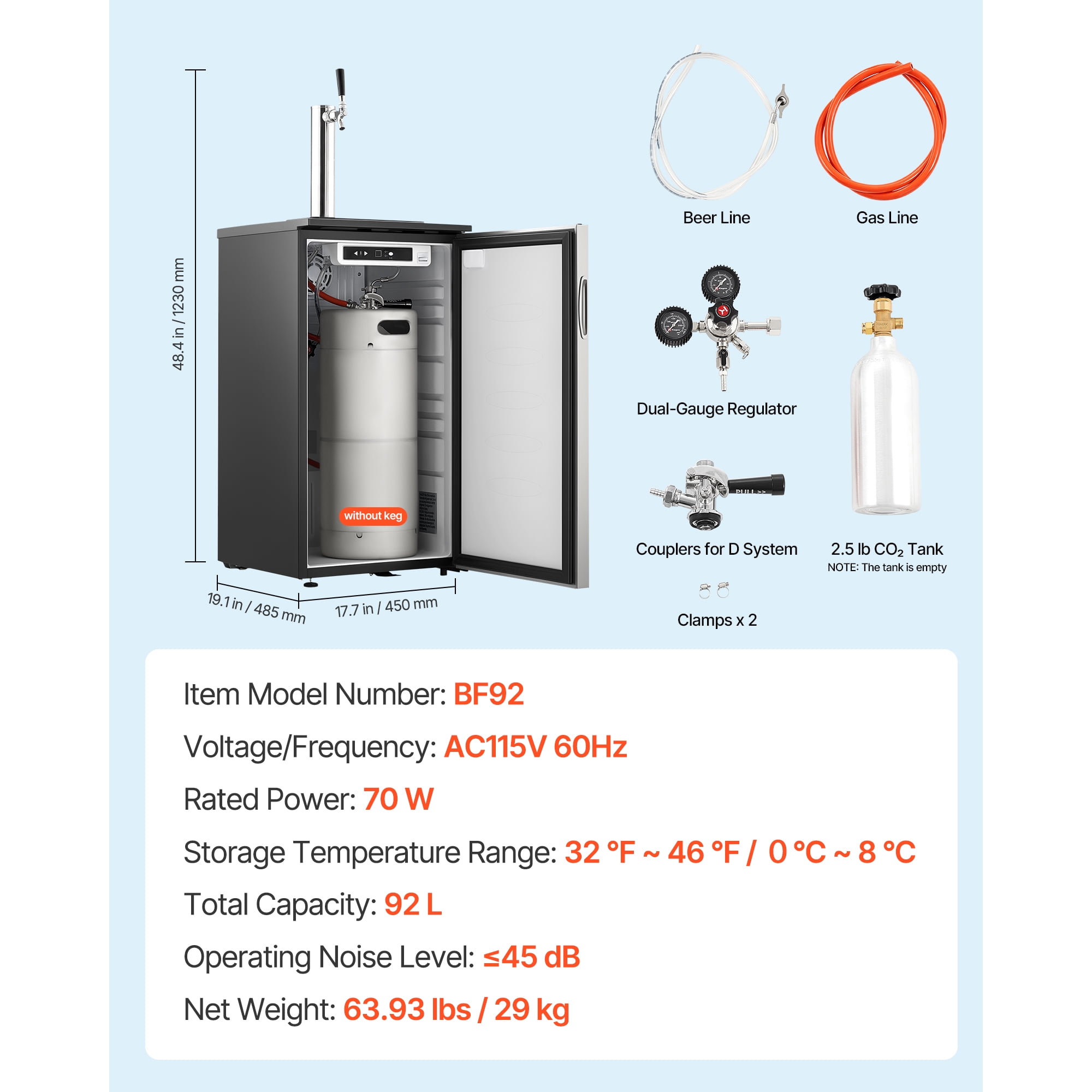 KFFKFF Single Tap Beer Kegerator, Draft Beer Dispenser for D System, Refrigerator with Shelves, Fits 1 Sixth Keg, Includes 2.5lbs CO2 Tank, 92L Capacity