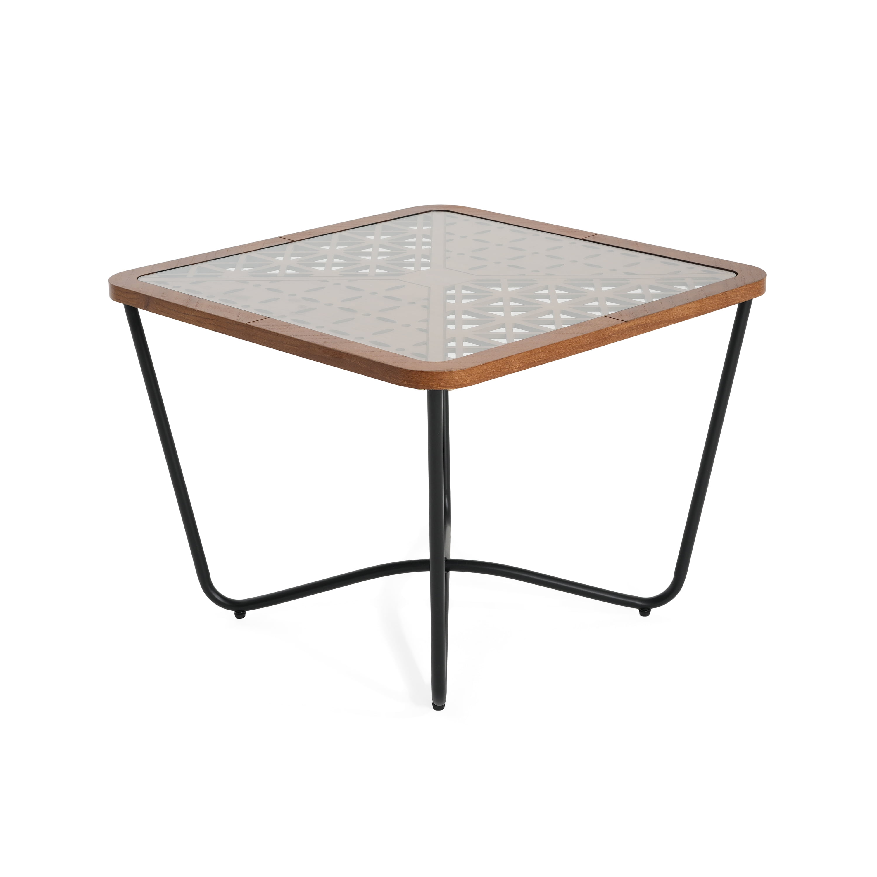 Coffee Table, Modern Square Coffee Table With Geometric Tempered Glass Top Black Metal Frame And Wood Accents, Industrial Design For Living Room, Brown Black