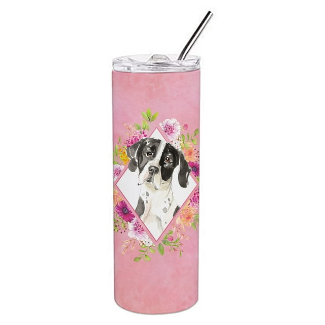 ""Caroline'S Treasures English Pointer Pink Flowers Acero Inoxidable De Doble Pared 20 Oz Vasos Delgados Con Aislamiento De Viaje Multicolor""