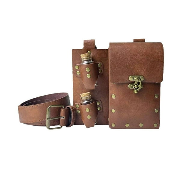Bolsa de cinturón de alquimia medieval, estilo steampunk, de cuero sintético, para senderismo. Marrón
