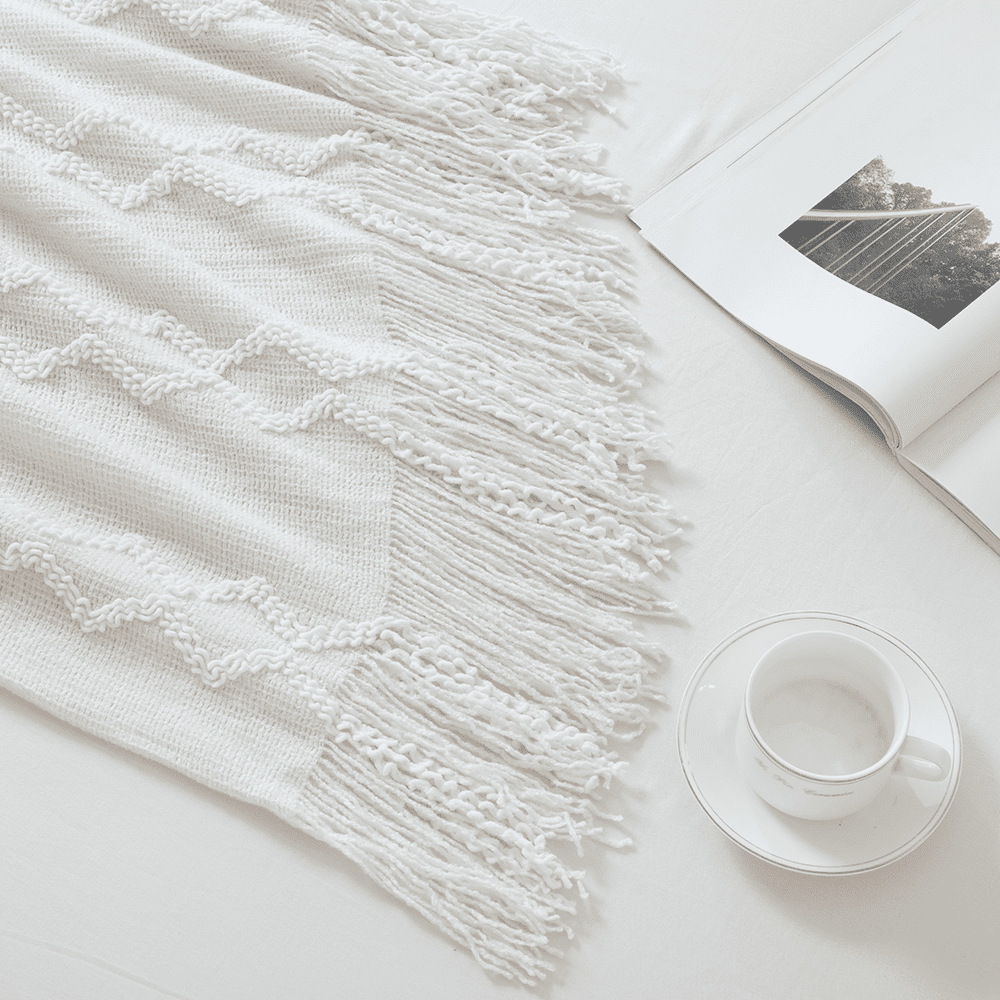 Bourina Fluffy Chenille Knitted Fringe Throw Blanket, Lightweight Soft Cozy Bed Sofa Chair Blanket, White, 50" x 60"