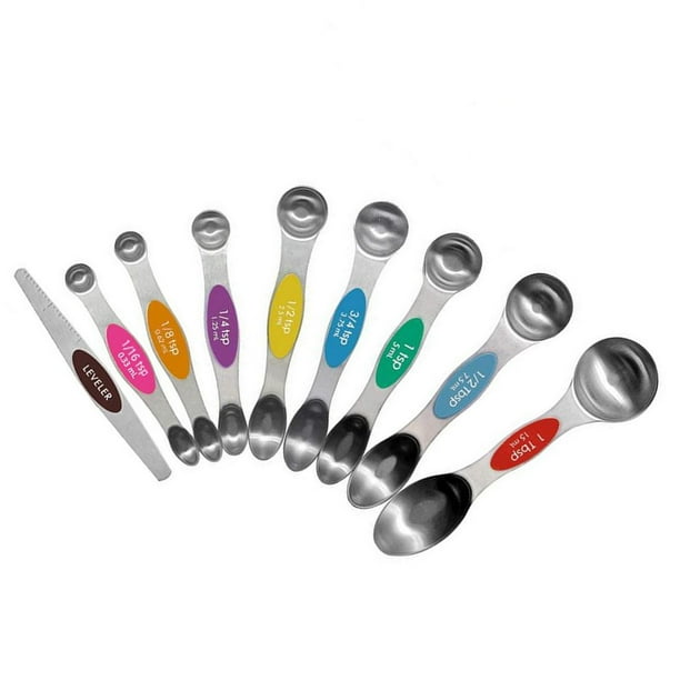 9 cucharas medidoras magnéticas de acero inoxidable de doble cara. Multicolor