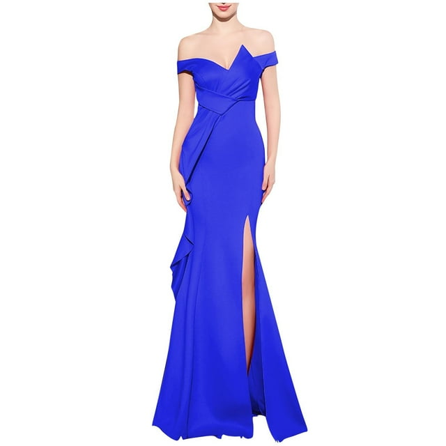 Robes Mignonnes Robe Élégante pour Femmes Épaules Dénudées Sans Manches Fendue Longue Robe de Soirée Formelle Sirène Robe de Cocktail Longue P-4 Bleu Foncé L
