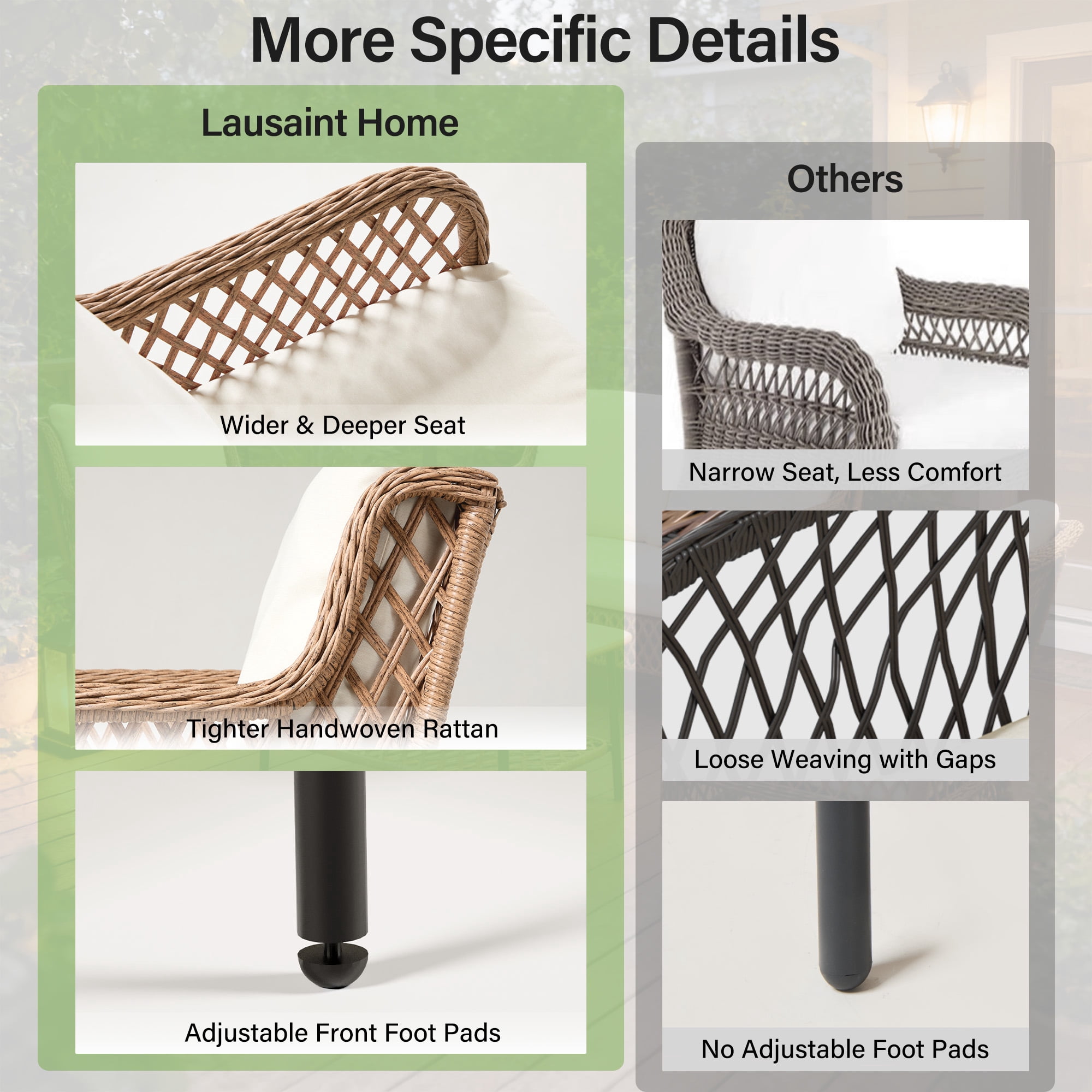 LAUSAINT HOME 4-Piece Outdoor Patio Conversation Set, All-Weather PE Rattan Furniture with Loveseat, 2 Chairs and Table, Beige Olefin Cushions