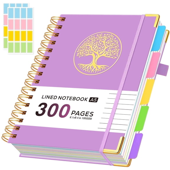 Nirmiro 5 Subject Notebook College Ruled, 300 Pages A5 Hardcover Spiral Notebook with Removable Dividers Tabs, 100GSM Thick Paper, Inner Pocket, 6.1" * 8.4", Aesthetic Journal for Note Taking