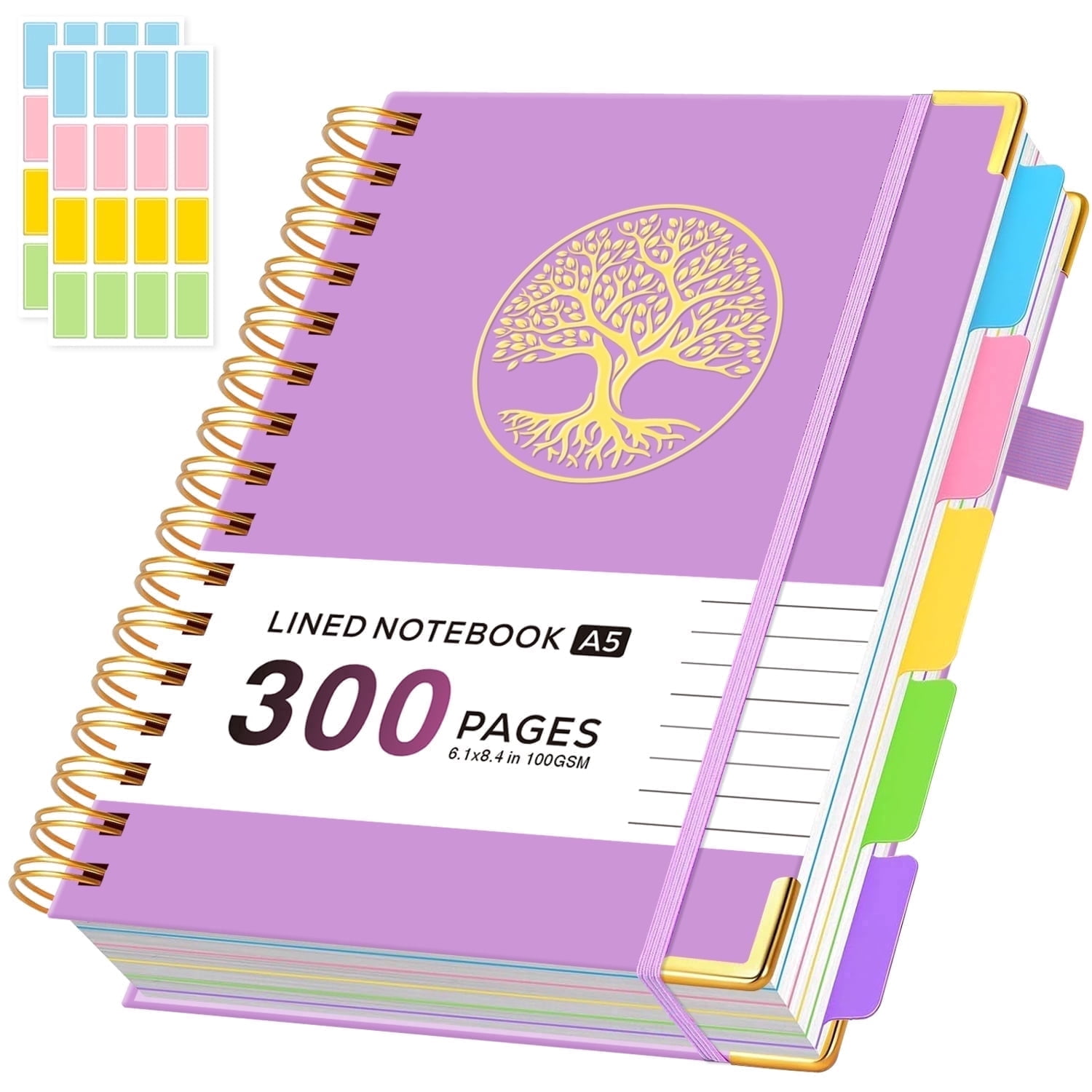 Nirmiro 5 Subject Notebook College Ruled, 300 Pages A5 Hardcover Spiral Notebook with Removable Dividers Tabs, 100GSM Thick Paper, Inner Pocket, 6.1" * 8.4", Aesthetic Journal for Note Taking