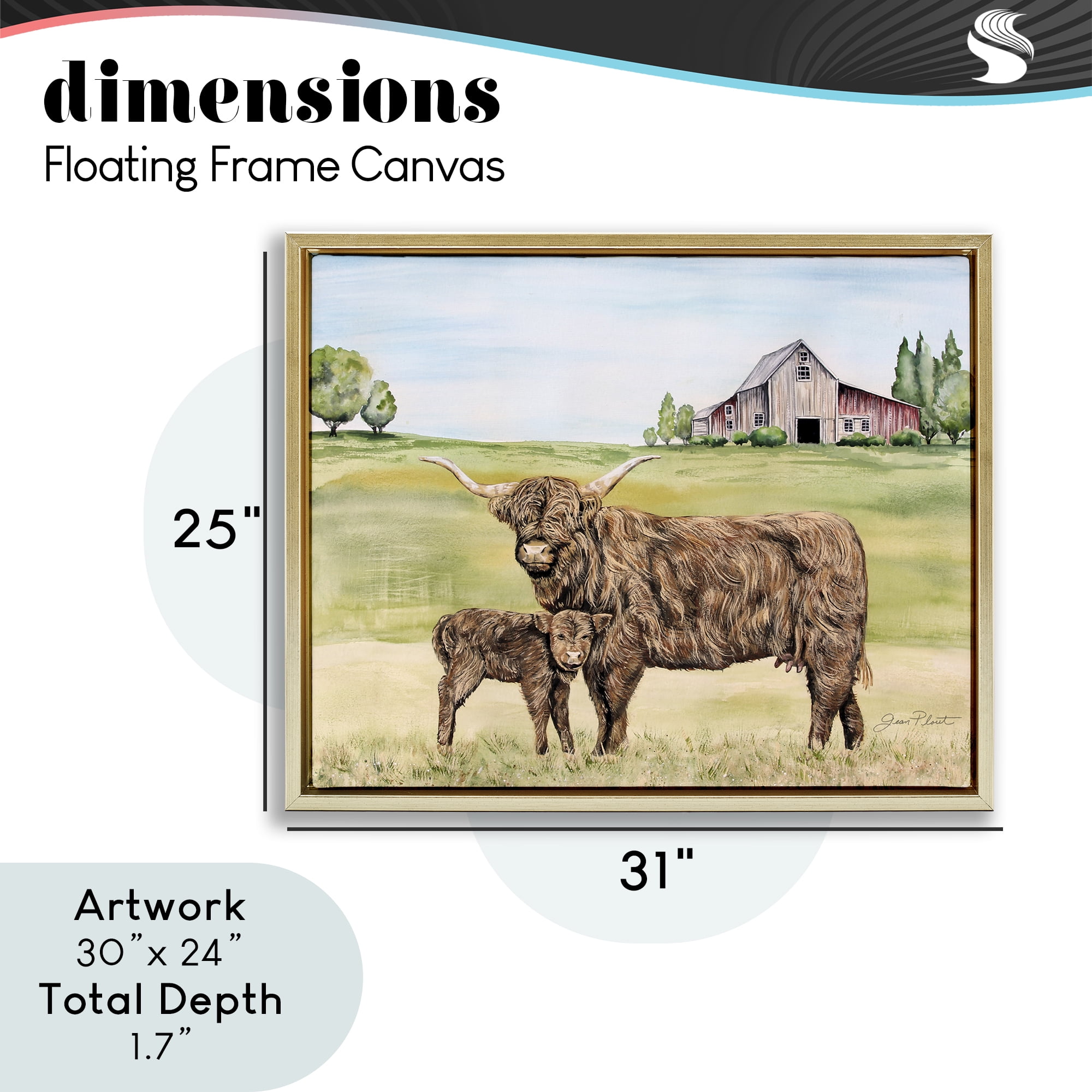 Highland Cow And Calf Gold Framed Floater Canvas Wall Art, design by Jean Plout