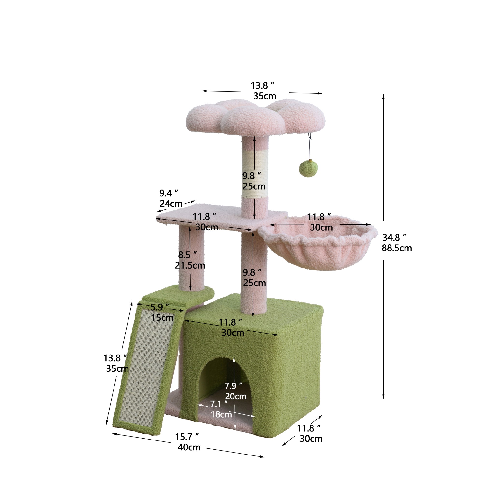 Vibrant Life Medium 4-Level 35" Flower Cat Tree with Condo and Hammock, Pink and Green